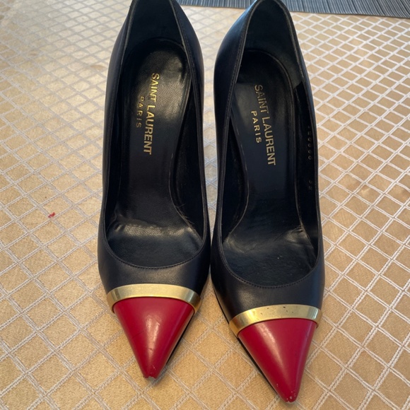 Saint Laurent Paris Bi-Color Black /Red Cap Toe Pointed Heels - Picture 8 of 11